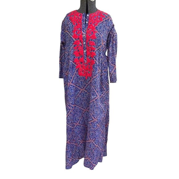 Roberta Roller Rabbit Embroidered Kurta Kaftan Maxi Inez Dress Size Small EUC - Picture 1 of 7
